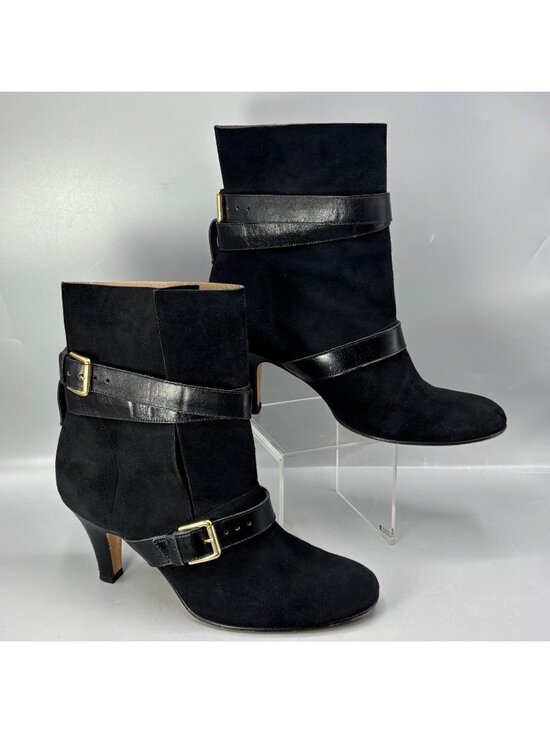 Anyi Lu Shoes - Anyi Lu Handmade Belted Booties Womens 8 Black Suede Leather Straps Cone Heel
